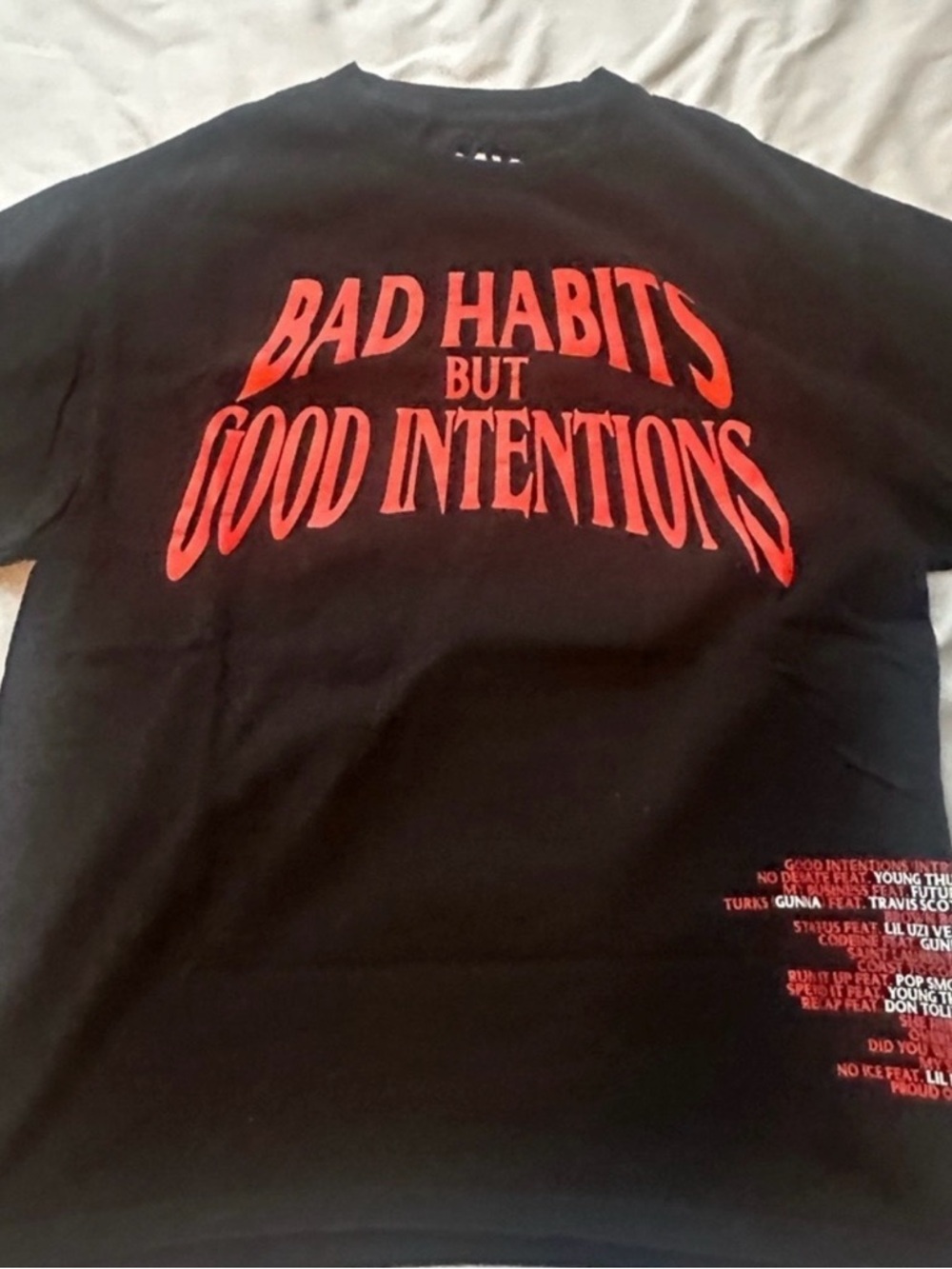Black T-Shirt with Red 'Bad Habits But Good Intentions' Graphic NAV VLONE